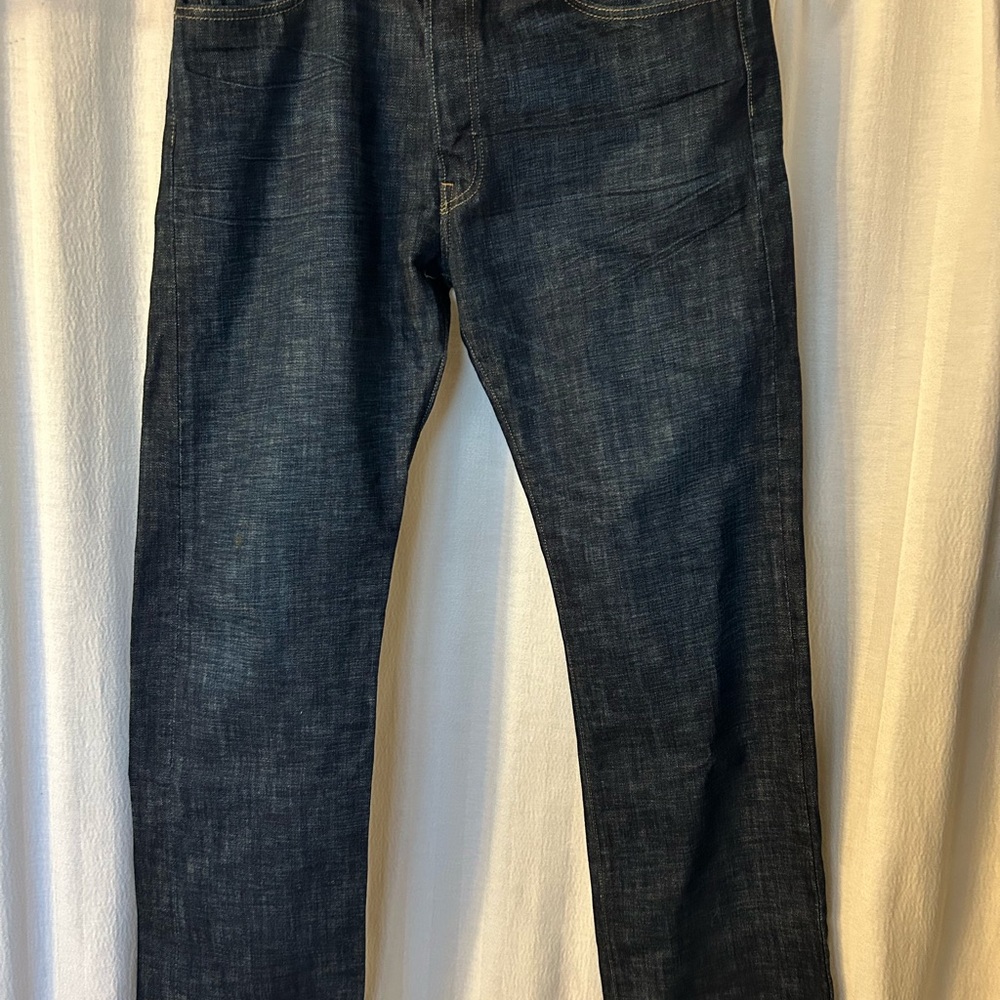 Jeans: dark wash blue levi’s straight leg 501 button fly sz 36x32